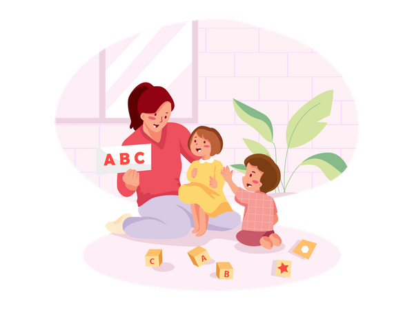 Mother with two kids learning alphabet with flashcards  Illustration