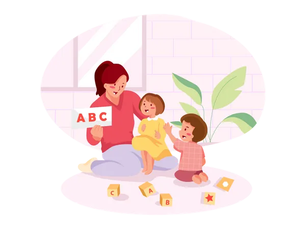 Mother with two kids learning alphabet with flashcards  Illustration