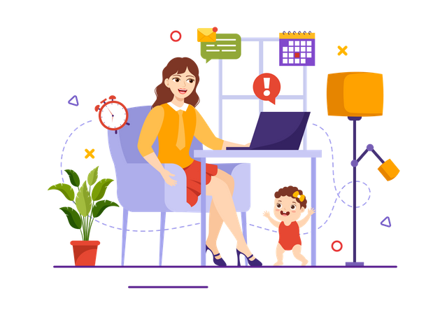 Mother Work From Home  Illustration