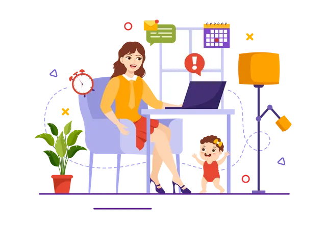 Mother Work From Home  Illustration