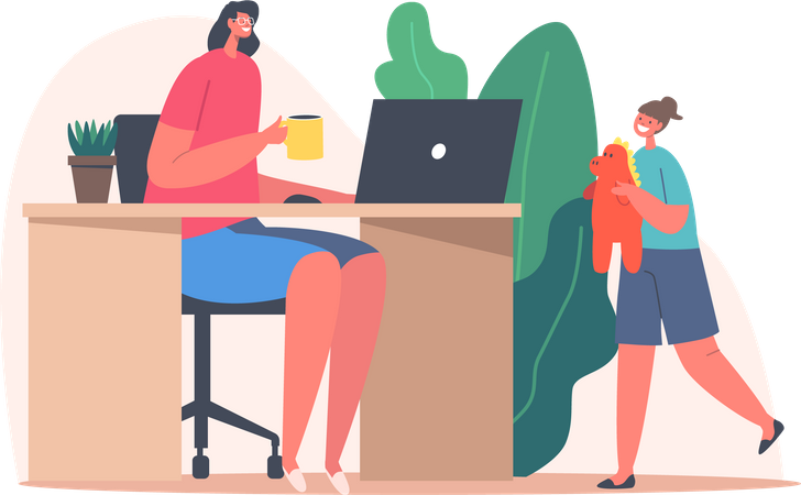 Mother Work from Home Office with Child Playing Illustration