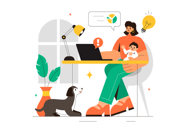 Mother working at home with baby  Illustration