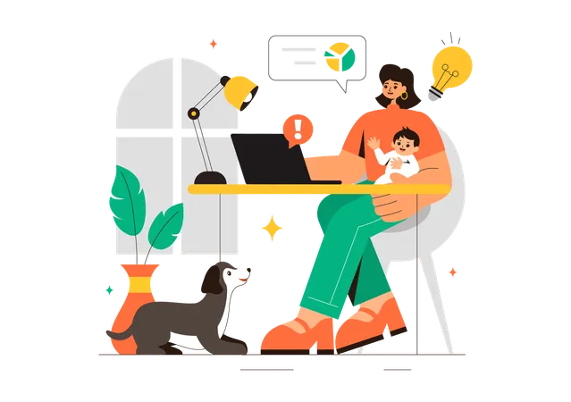 Mother working at home with baby  Illustration