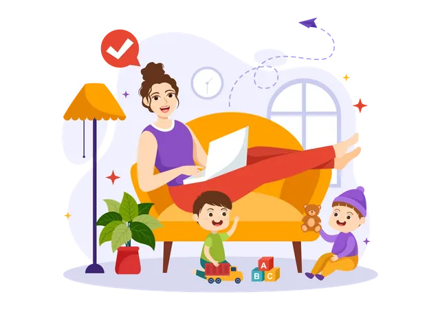 Mother Working From Home  Illustration