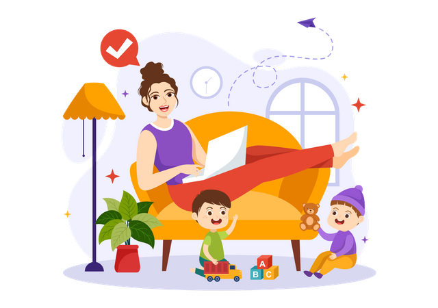 Mother Working From Home  Illustration