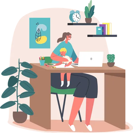 Business Mom At Home Office Workplace Young Mother Character Work On Laptop With Little Child Sitting On Knees Painting Remote Work Self Isolation With Family Cartoon People Vector Illustration Illustration