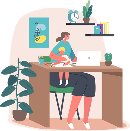 Mother working from home while holding baby in lap  イラスト