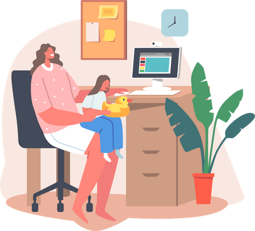 Mother working from home while taking care of baby Illustration