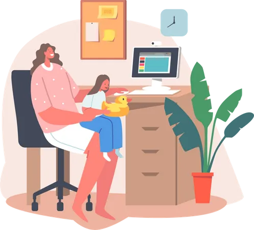 Self Isolation Remote Work With Little Baby Young Business Mother Character Work On PC With Daughter Sitting With Toy On Her Knees Woman Work From Home Office Cartoon People Vector Illustration Illustration