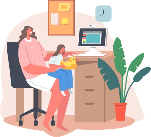 Mother working from home while taking care of baby  Illustration