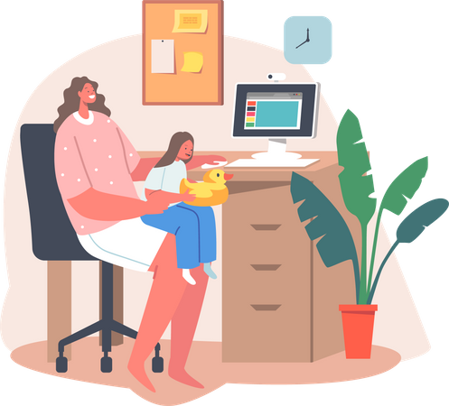 Mother working from home while taking care of baby  イラスト