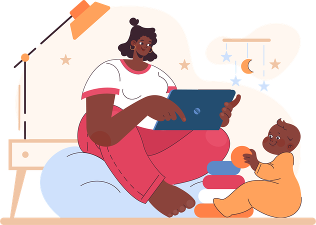 Mother working on laptop at home with child  Illustration