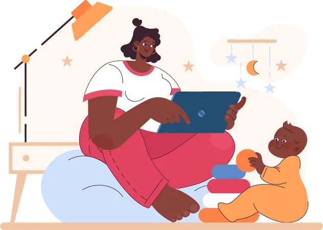 Mother working on laptop at home with child  Illustration