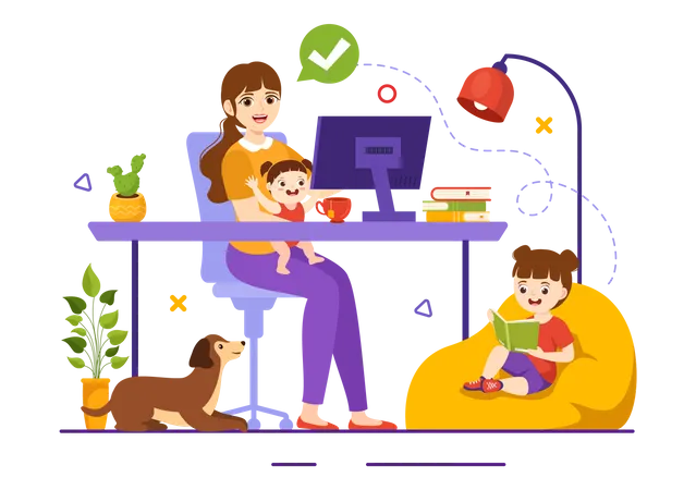 Mother working remotely  Illustration