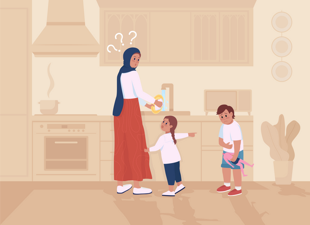 Mother working while kids irritating her  イラスト