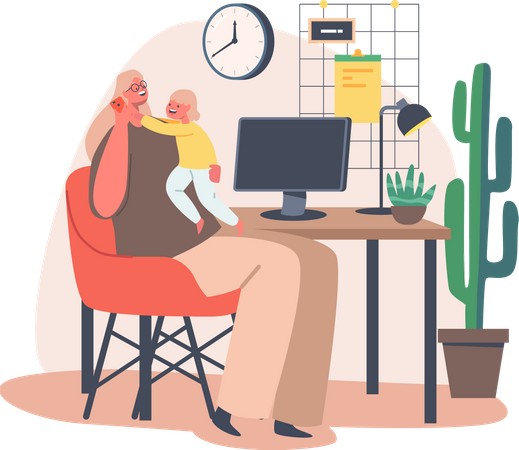 Mother working while taking care of child  イラスト