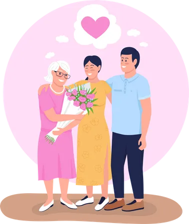 Smiling Family Embracing Each Other 2 D Vector Isolated Illustration Siblings Celebrating Mother Birthday Flat Characters On Cartoon Background Giving Floral Bouquet With Love Colourful Scene Illustration