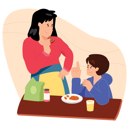 Mothers doing Breakfast with her Son  Illustration