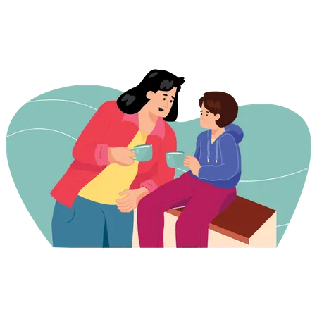Mothers drinking Cup of Coffee with her son  Illustration