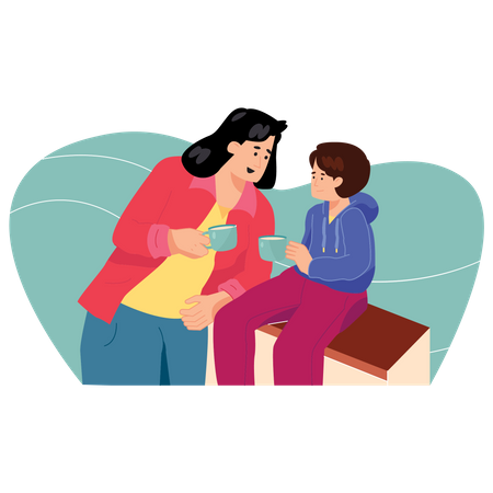 Mothers drinking Cup of Coffee with her son  Illustration