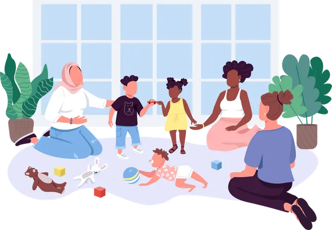 Mom Baby Group Flat Color Vector Faceless Characters Mothers Spend Time With Their Children Momunity Motherhood Mommy Club Isolated Cartoon Illustration For Web Graphic Design And Animation Illustration