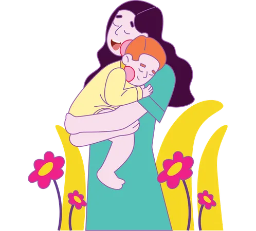 This Illustration Beautifully Portrays A Mothers Care As She Embraces Her Child Amidst Lush Floral Surroundings Symbolizing Growth And Nurturing A Perfect Piece For Mothers Day Promotions Or Family Themed Projects Illustration