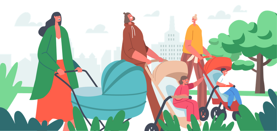 Mothers walking in park with kids in pushchair Illustration