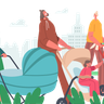 illustrations of mothers walking in park