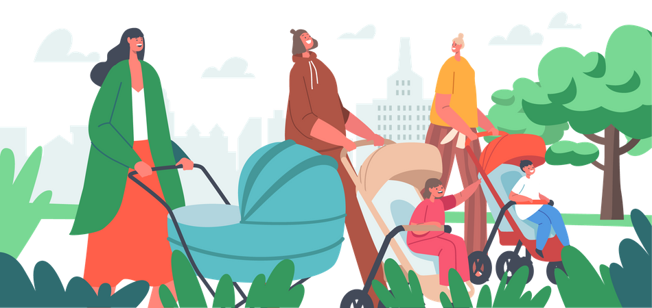 Mothers walking in park with kids in pushchair  Illustration