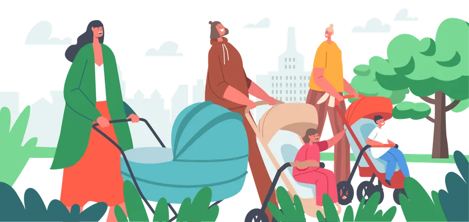 Mothers walking in park with kids in pushchair  Illustration