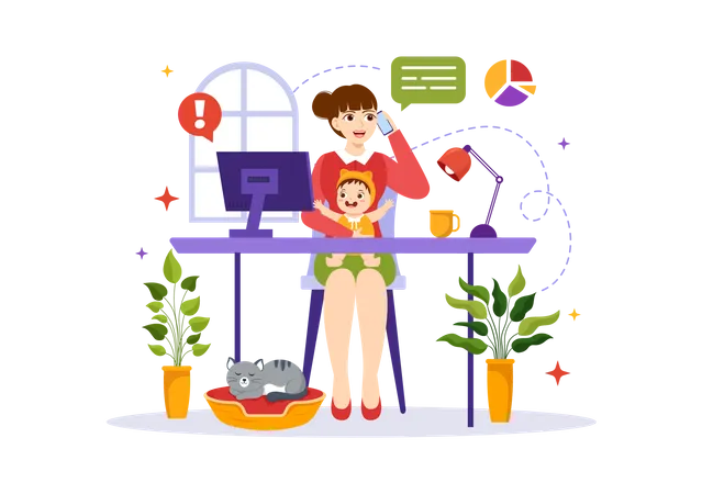 Working Mother Vector Illustration With Mothers Who Does Work And Takes Care Of Her Kids At The Home In Multitasking Cartoon Hand Drawn Templates Illustration
