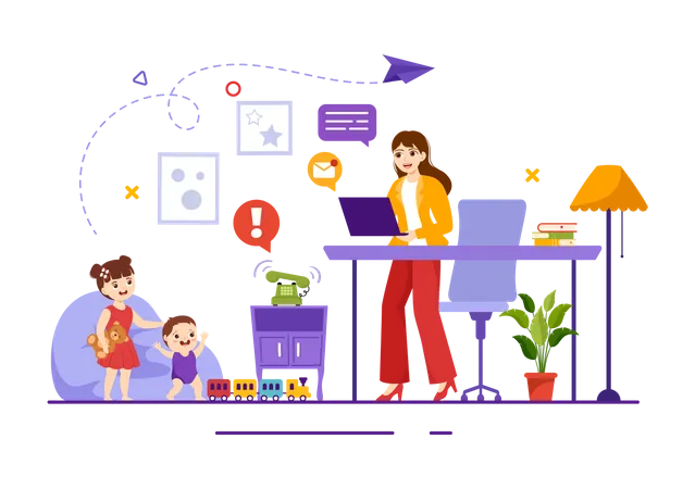 Working Mother Vector Illustration With Mothers Who Does Work And Takes Care Of Her Kids At The Home In Multitasking Cartoon Hand Drawn Templates イラスト
