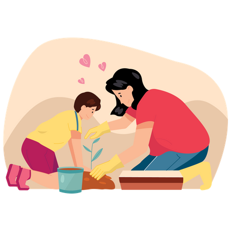 Mothers with her Son Gardening Together  Illustration