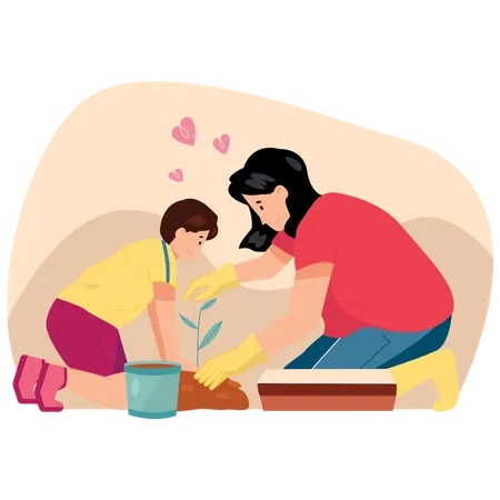 Mothers with her Son Gardening Together  Illustration