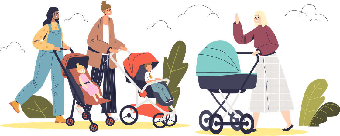 Mothers with infant kids in strollers walk in park Illustration