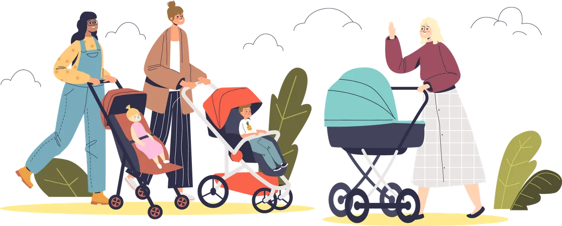 Mothers with infant kids in strollers walk in park  Illustration