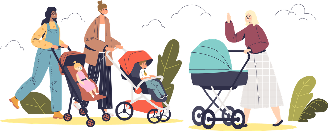 Mothers with infant kids in strollers walk in park  Illustration