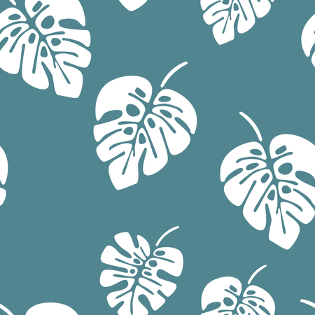 Modèle sans couture d'été avec des feuilles de palmier monstera blanches sur fond bleu  Illustration