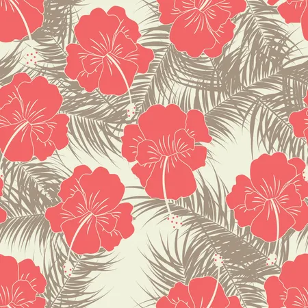 Modèle tropical sans couture avec feuilles brunes et fleurs rouges sur fond vanille  Illustration