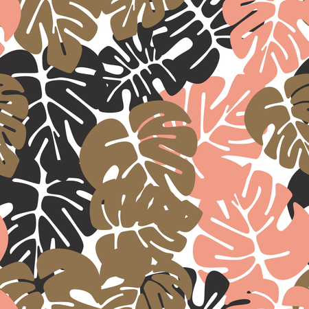 Modèle tropical sans couture d'été avec des feuilles de palmier monstera colorées sur fond blanc  Illustration