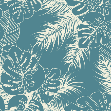Modèle tropical sans couture d'été avec des feuilles de palmier monstera et des plantes sur fond bleu  Illustration
