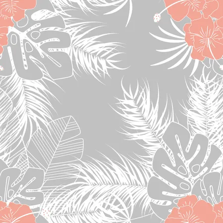 Modèle tropical sans couture d'été avec des feuilles de palmier monstera et des plantes sur fond gris  Illustration