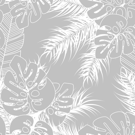 Modèle tropical sans couture d'été avec des feuilles de palmier monstera et des plantes sur fond gris  Illustration