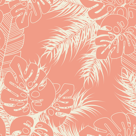 Modèle tropical sans couture d'été avec des feuilles de palmier monstera et des plantes sur fond rose  Illustration