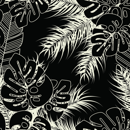 Modèle tropical sans couture d'été avec des feuilles de palmier monstera et des plantes sur fond sombre  Illustration
