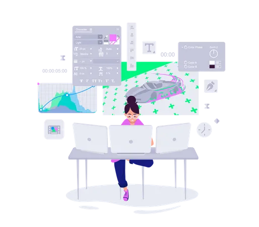 Motion designer creating video project on multiple monitors  Illustration