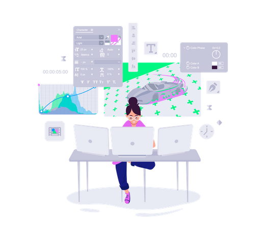 Motion designer creating video project on multiple monitors  イラスト