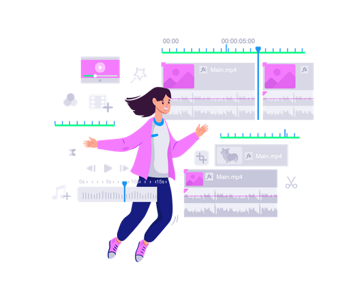 Motion designer woman workflow in software interface  イラスト