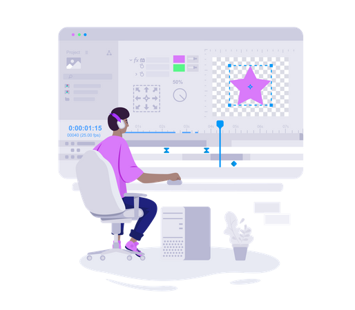 Motion designer working in video editor on big screen  イラスト