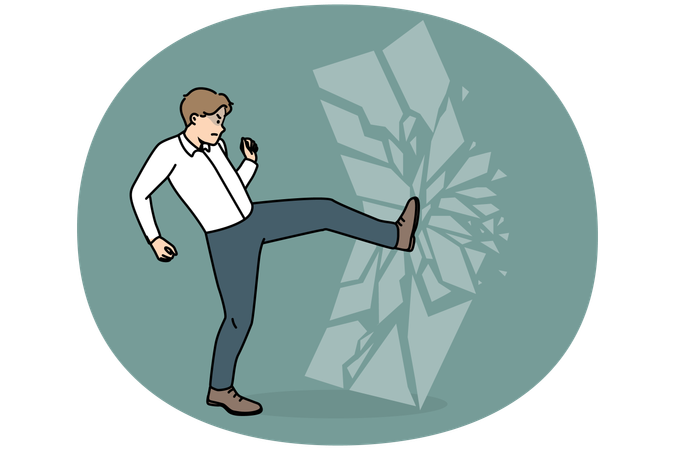 Motivated angry male employee crash glass door  Illustration